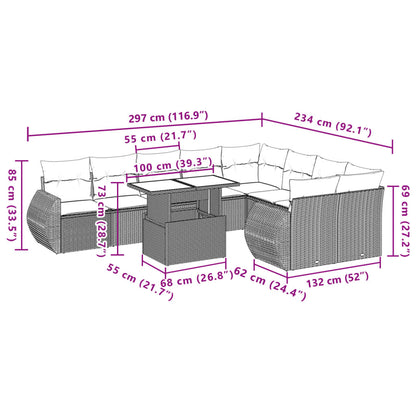 10-tlg. Garten-Sofagarnitur mit Kissen Hellgrau Poly Rattan