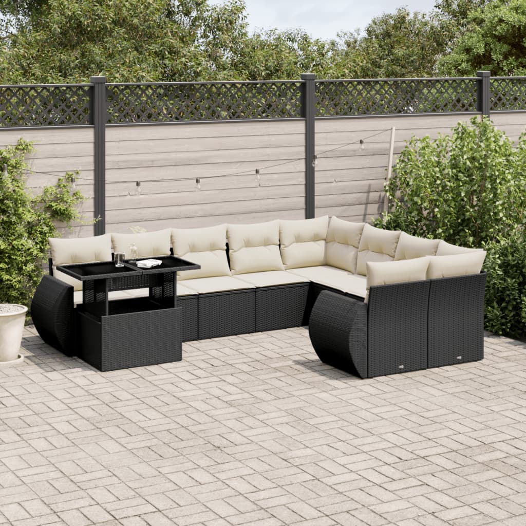 10-tlg. Garten-Sofagarnitur mit Kissen Schwarz Poly Rattan