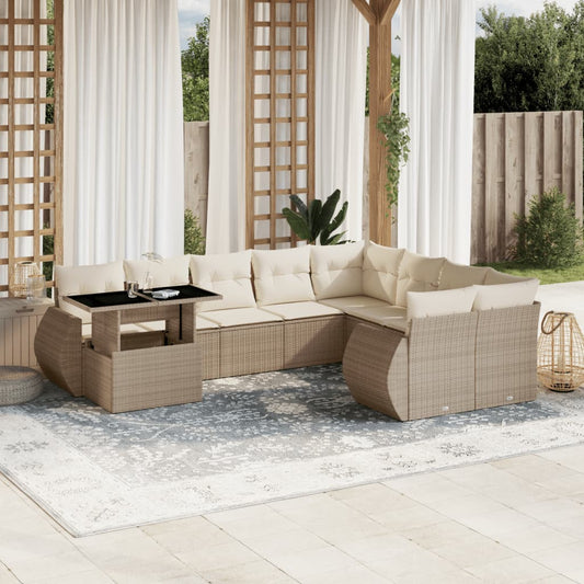 10-tlg. Garten-Sofagarnitur mit Kissen Beige Poly Rattan