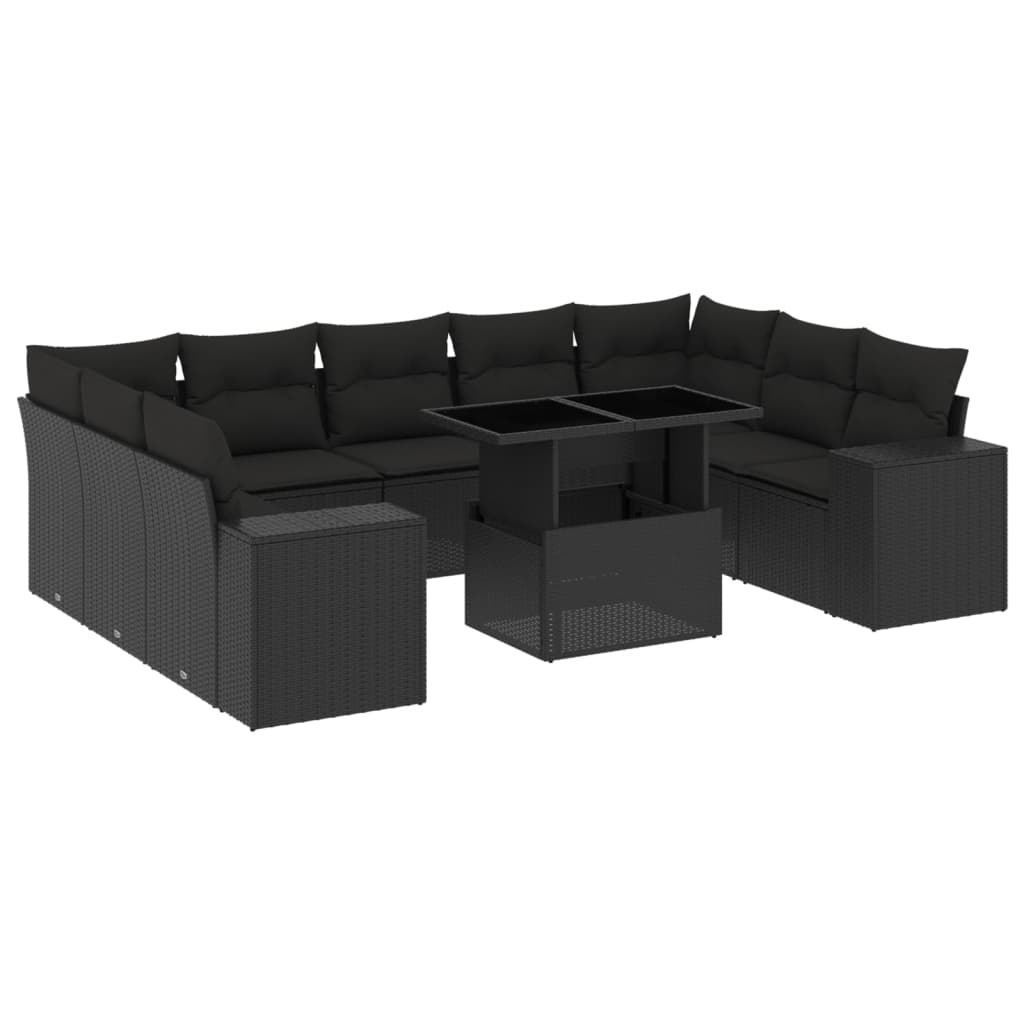 10-tlg. Garten-Sofagarnitur mit Kissen Schwarz Poly Rattan