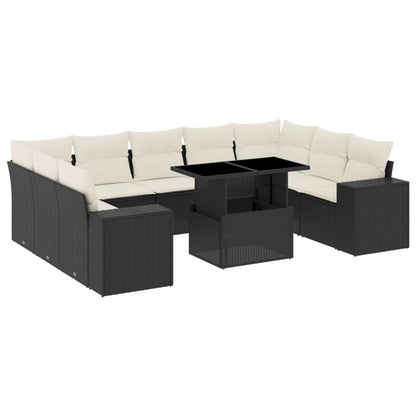 10-tlg. Garten-Sofagarnitur mit Kissen Schwarz Poly Rattan