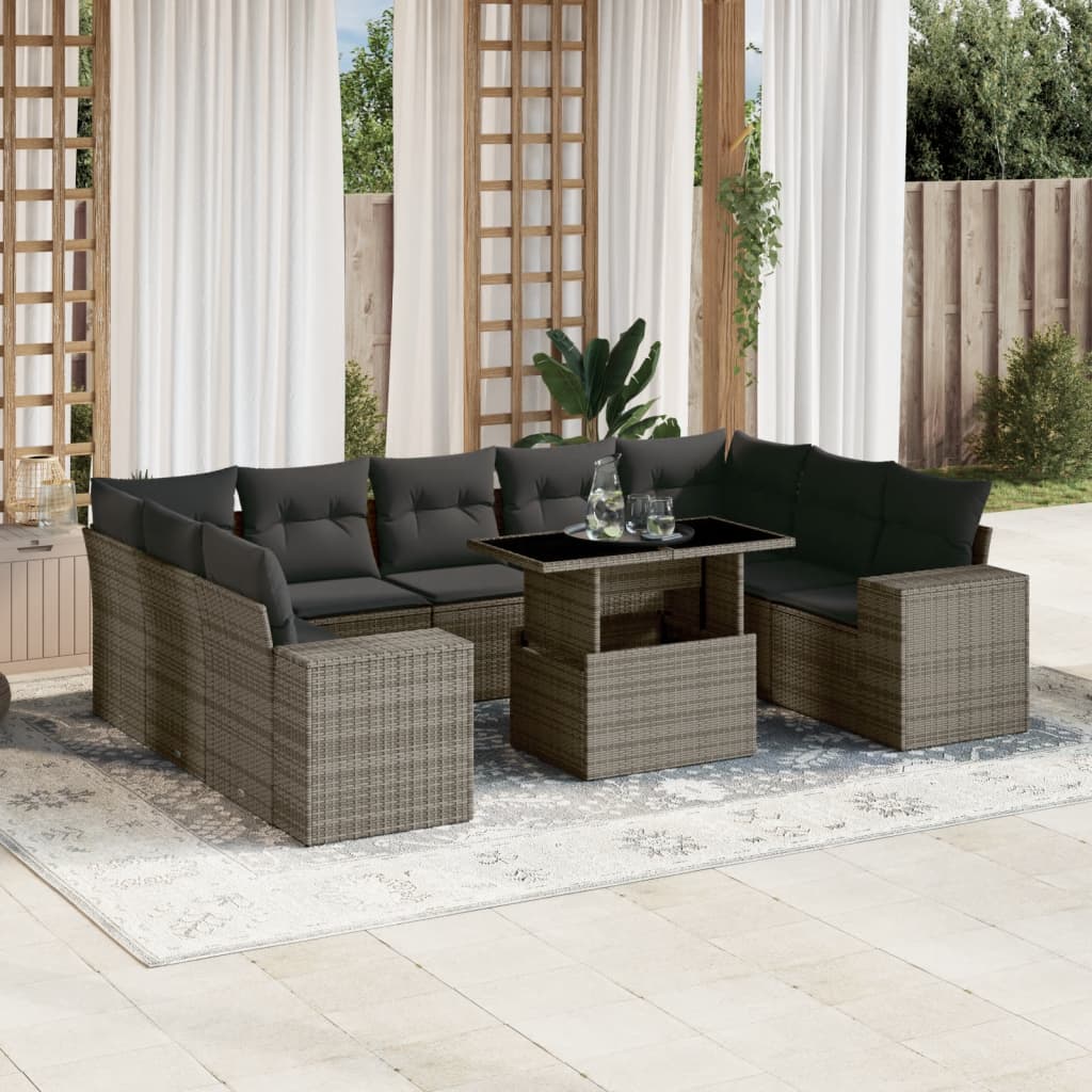 10-tlg. Garten-Sofagarnitur mit Kissen Grau Poly Rattan