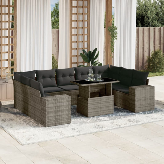 10-tlg. Garten-Sofagarnitur mit Kissen Grau Poly Rattan