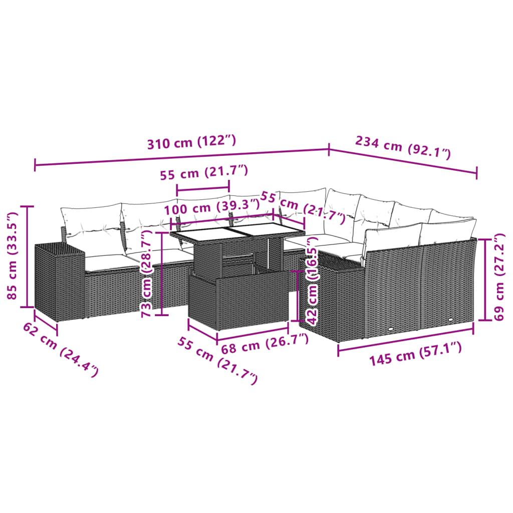 10-tlg. Garten-Sofagarnitur mit Kissen Schwarz Poly Rattan