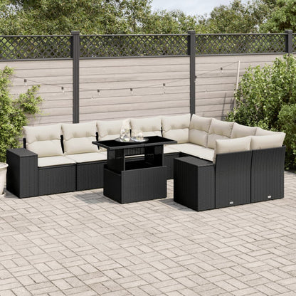 10-tlg. Garten-Sofagarnitur mit Kissen Schwarz Poly Rattan