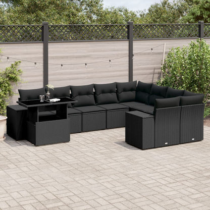 10-tlg. Garten-Sofagarnitur mit Kissen Schwarz Poly Rattan