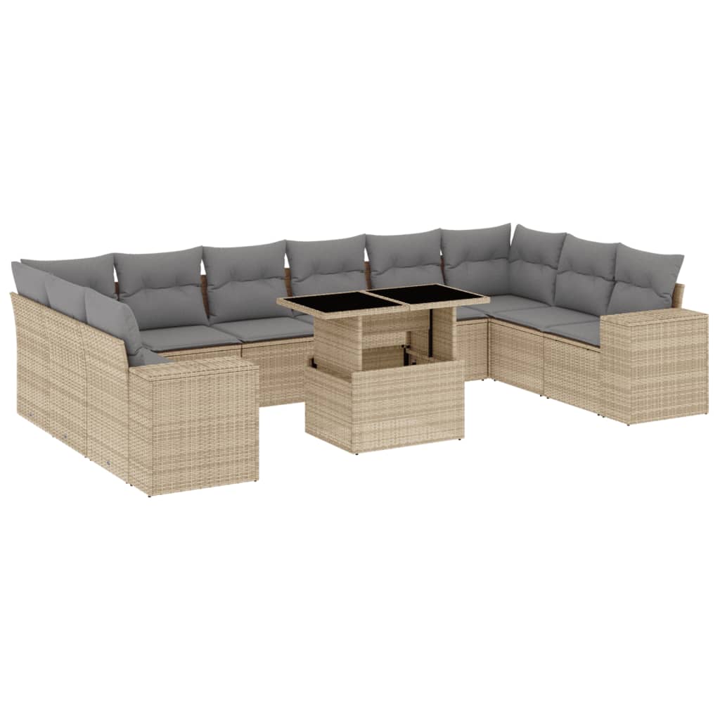 11-tlg. Garten-Sofagarnitur mit Kissen Beige Poly Rattan