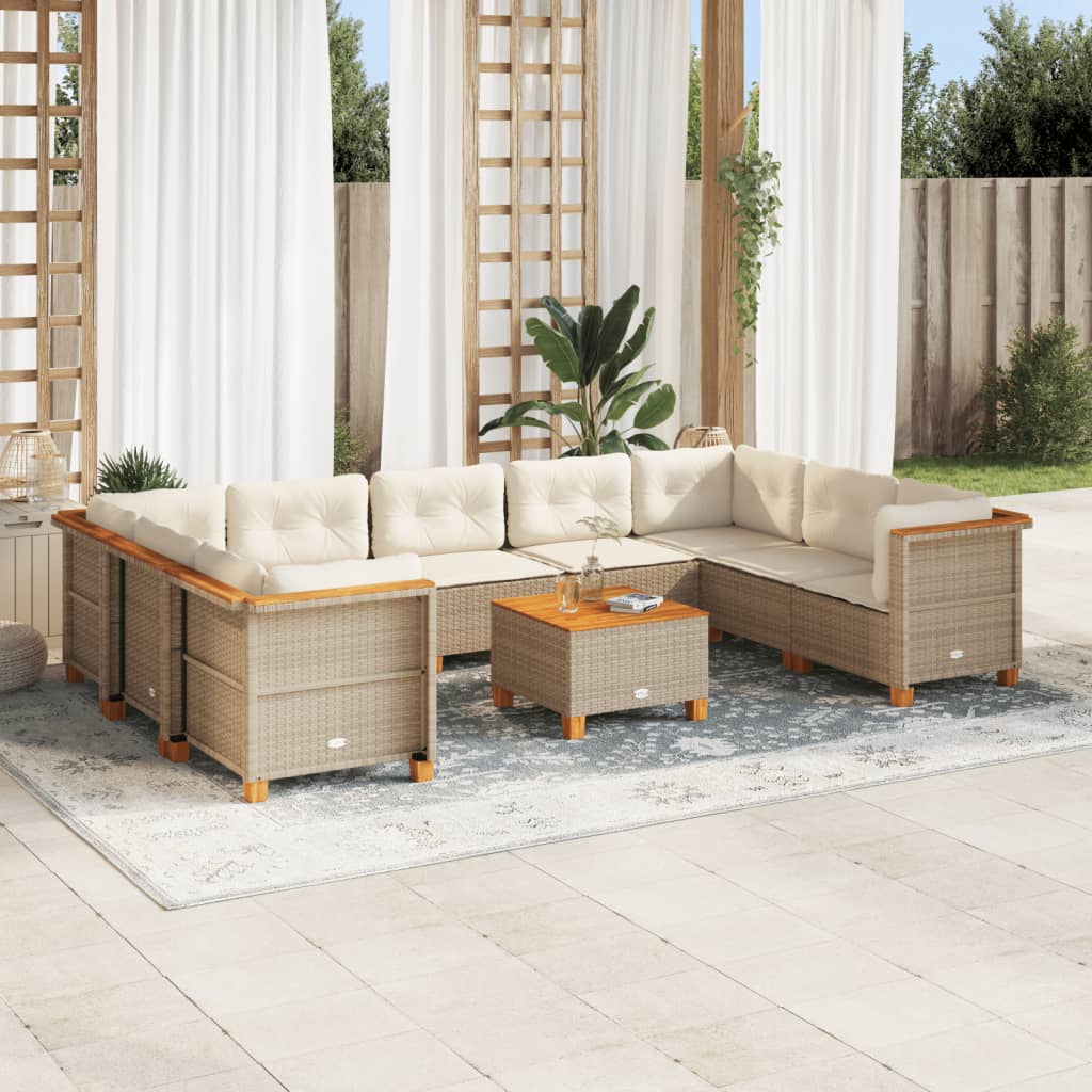 10-tlg. Garten-Sofagarnitur mit Kissen Beige Poly Rattan