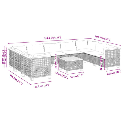 10-tlg. Garten-Sofagarnitur mit Kissen Grau Poly Rattan