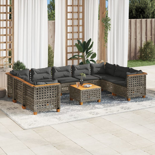 10-tlg. Garten-Sofagarnitur mit Kissen Grau Poly Rattan