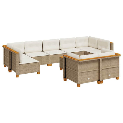 10-tlg. Garten-Sofagarnitur mit Kissen Beige Poly Rattan