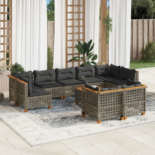 10-tlg. Garten-Sofagarnitur mit Kissen Grau Poly Rattan