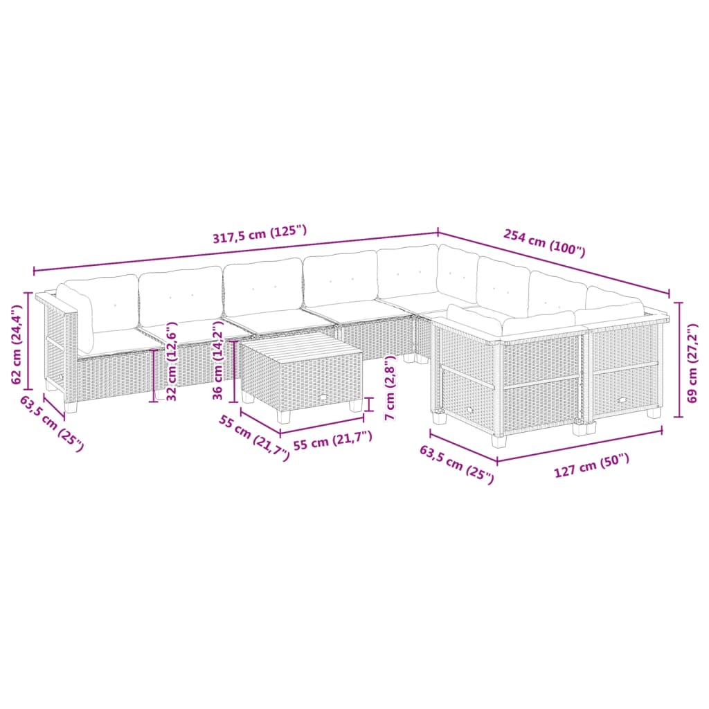 10-tlg. Garten-Sofagarnitur mit Kissen Grau Poly Rattan