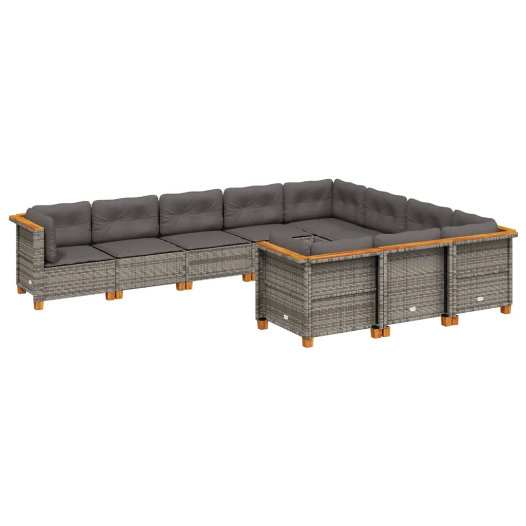 10-tlg. Garten-Sofagarnitur mit Kissen Grau Poly Rattan