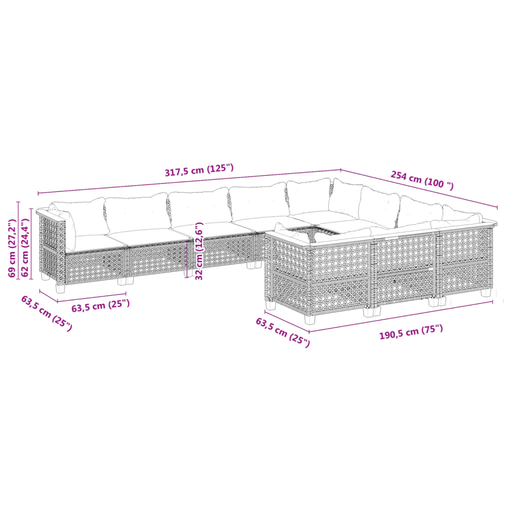 10-tlg. Garten-Sofagarnitur mit Kissen Grau Poly Rattan