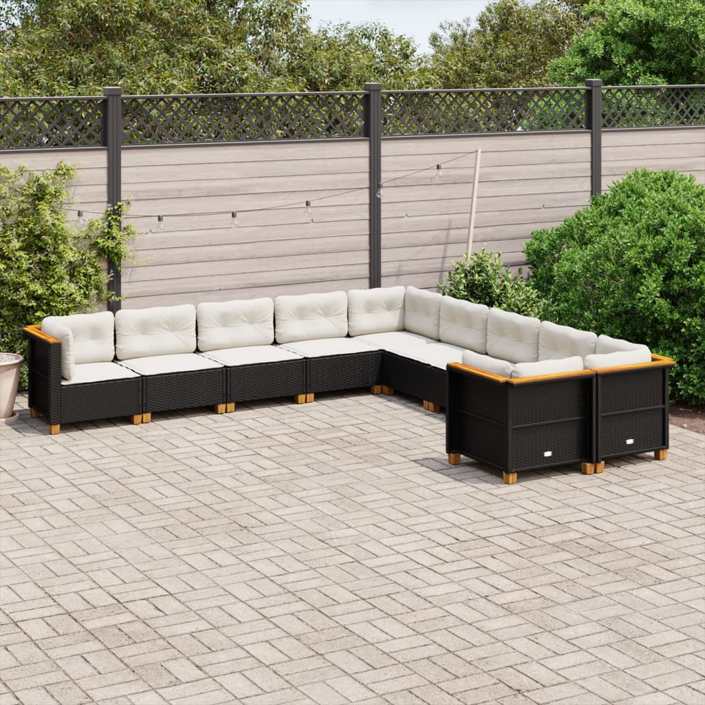 10-tlg. Garten-Sofagarnitur mit Kissen Schwarz Poly Rattan