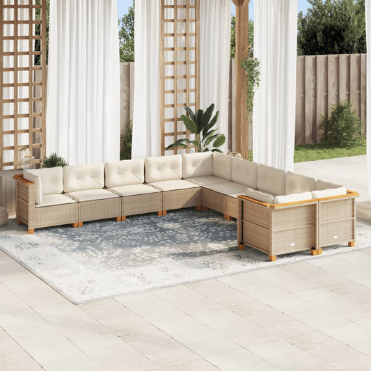 10-tlg. Garten-Sofagarnitur mit Kissen Beige Poly Rattan