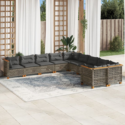 10-tlg. Garten-Sofagarnitur mit Kissen Grau Poly Rattan