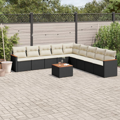 10-tlg. Garten-Sofagarnitur mit Kissen Schwarz Poly Rattan