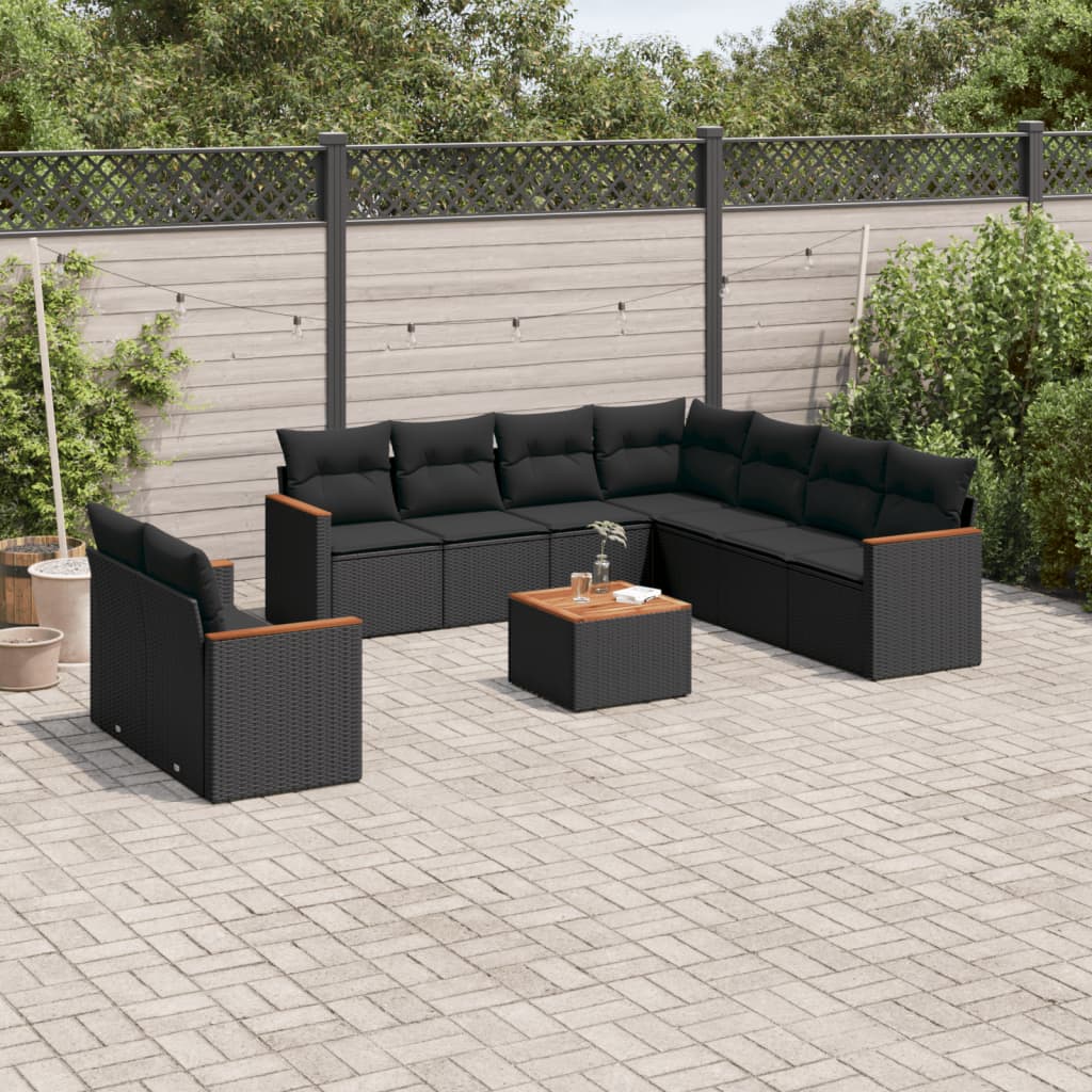 10-tlg. Garten-Sofagarnitur mit Kissen Schwarz Poly Rattan