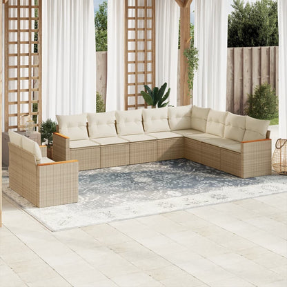 10-tlg. Garten-Sofagarnitur mit Kissen Beige Poly Rattan