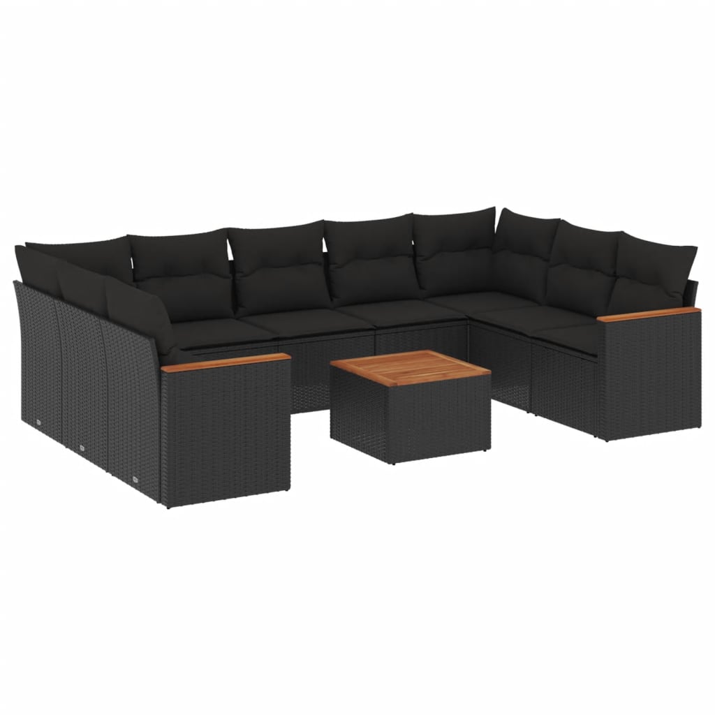 10-tlg. Garten-Sofagarnitur mit Kissen Schwarz Poly Rattan