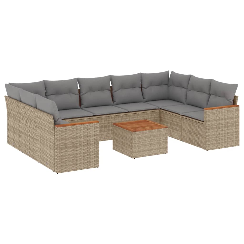 10-tlg. Garten-Sofagarnitur mit Kissen Beige Poly Rattan