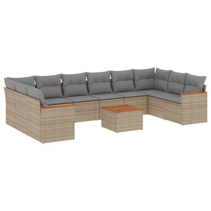 11-tlg. Garten-Sofagarnitur mit Kissen Beige Poly Rattan