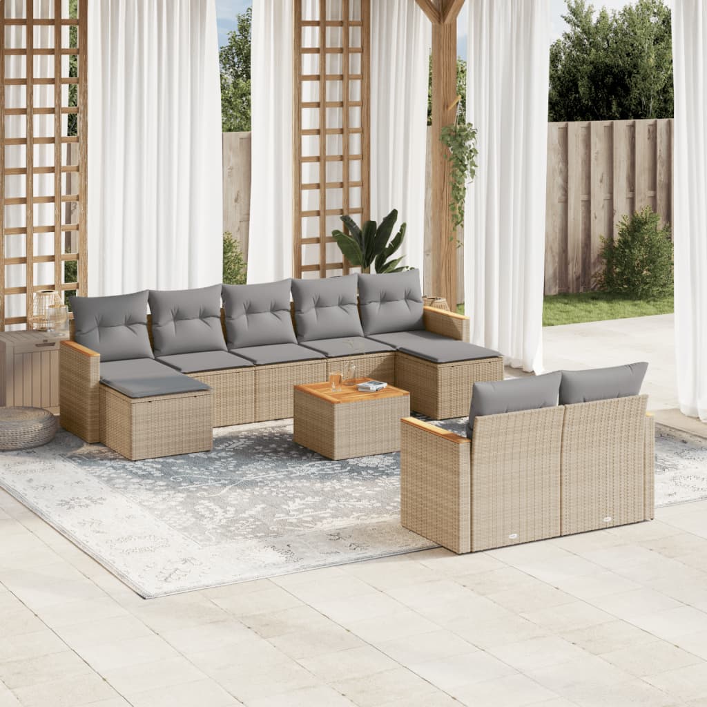 10-tlg. Garten-Sofagarnitur mit Kissen Beige Poly Rattan