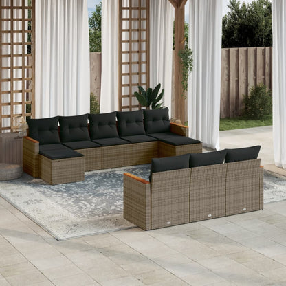 10-tlg. Garten-Sofagarnitur mit Kissen Grau Poly Rattan