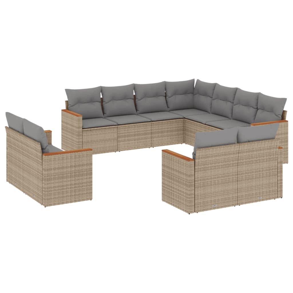 11-tlg. Garten-Sofagarnitur mit Kissen Beige Poly Rattan