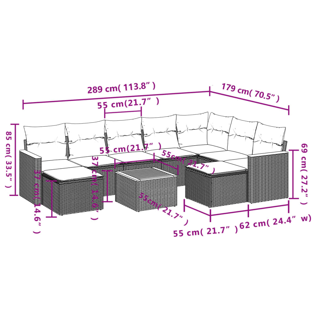 10-tlg. Garten-Sofagarnitur mit Kissen Schwarz Poly Rattan