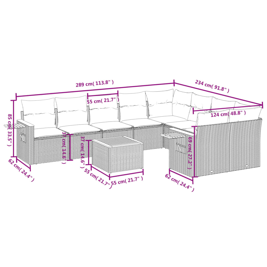 10-tlg. Garten-Sofagarnitur mit Kissen Schwarz Poly Rattan