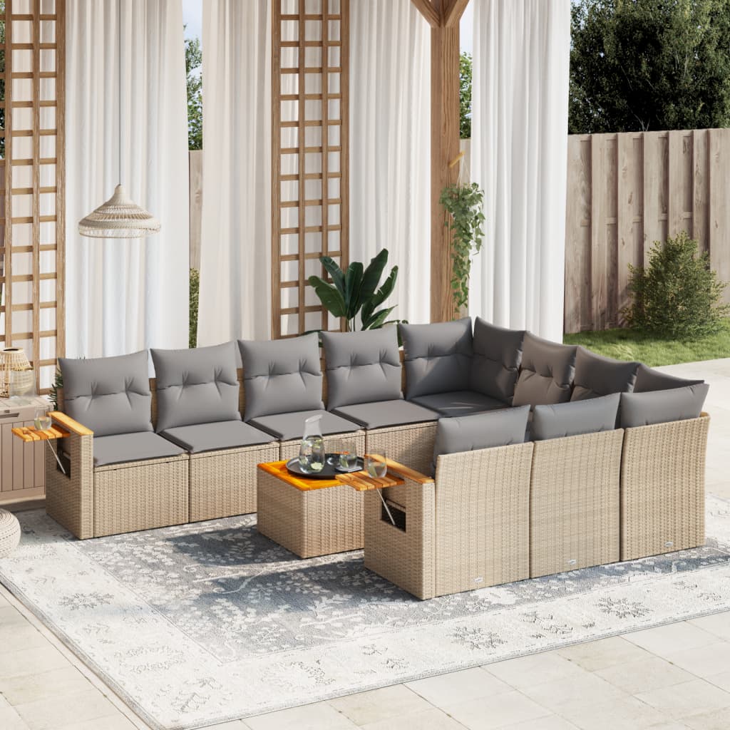 11-tlg. Garten-Sofagarnitur mit Kissen Beige Poly Rattan