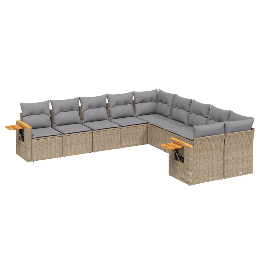 10-tlg. Garten-Sofagarnitur mit Kissen Beige Poly Rattan