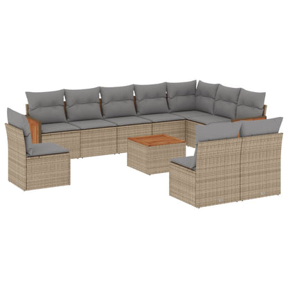 11-tlg. Garten-Sofagarnitur mit Kissen Beige Poly Rattan