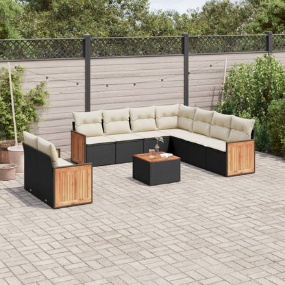 10-tlg. Garten-Sofagarnitur mit Kissen Schwarz Poly Rattan