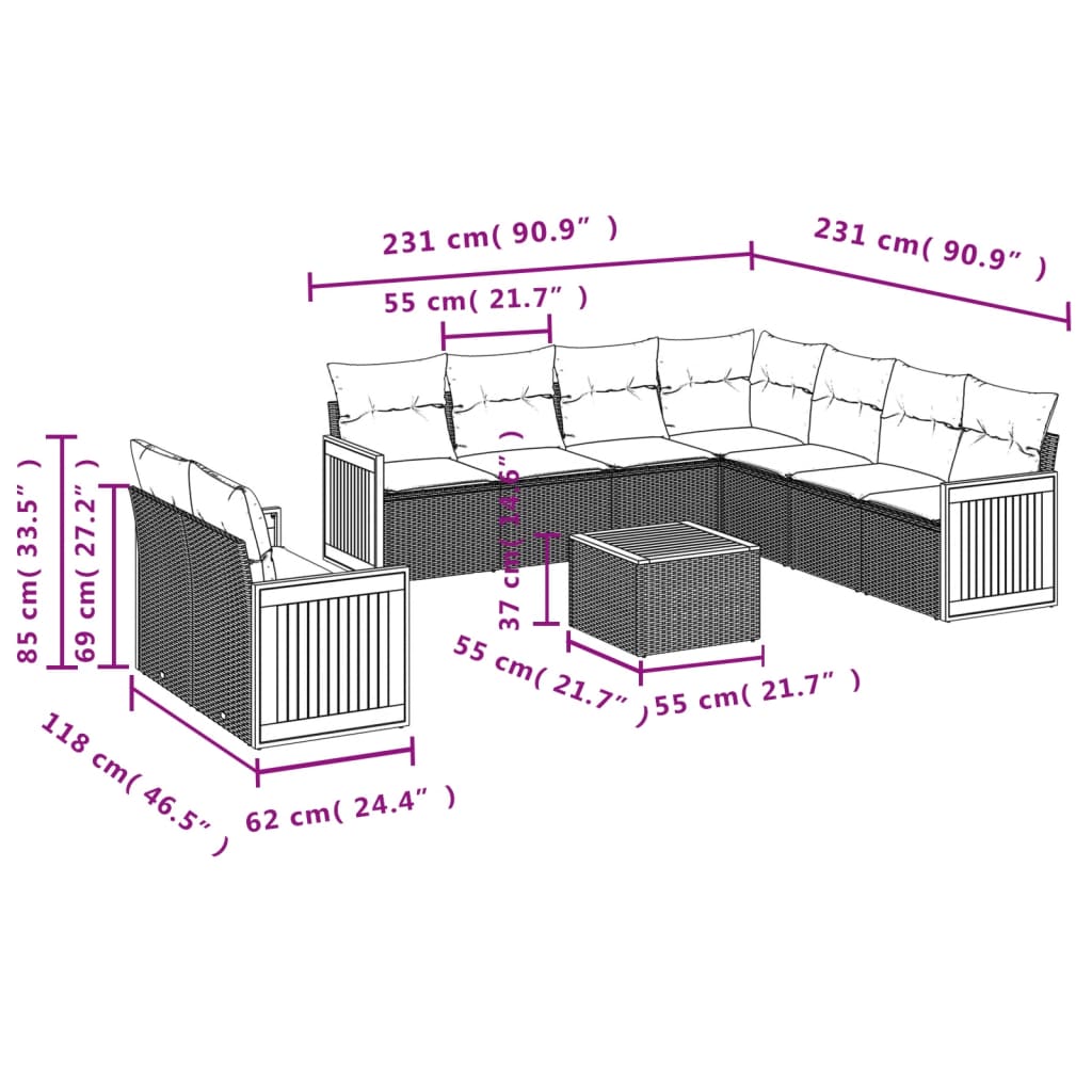 10-tlg. Garten-Sofagarnitur mit Kissen Grau Poly Rattan