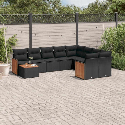 10-tlg. Garten-Sofagarnitur mit Kissen Schwarz Poly Rattan