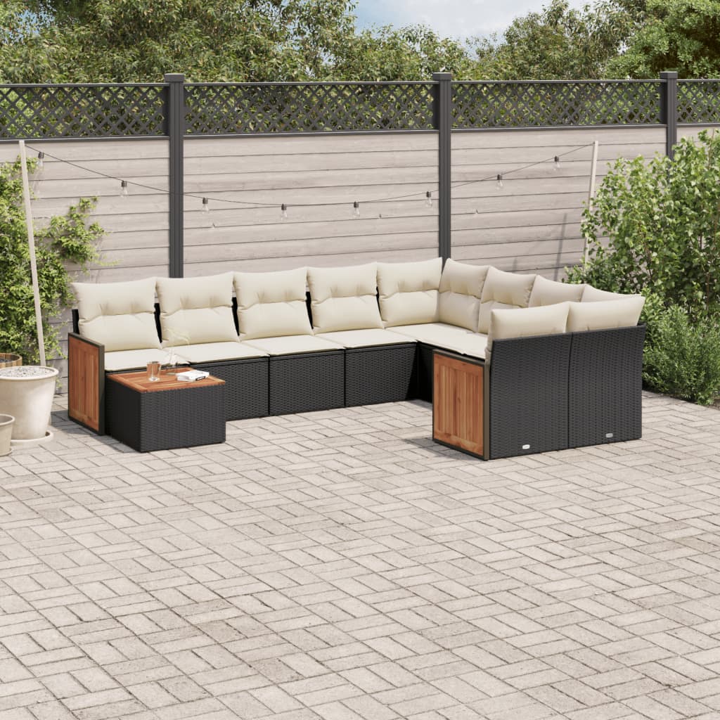 10-tlg. Garten-Sofagarnitur mit Kissen Schwarz Poly Rattan