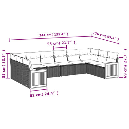 10-tlg. Garten-Sofagarnitur mit Kissen Schwarz Poly Rattan