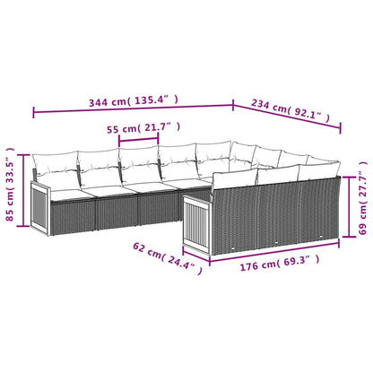 10-tlg. Garten-Sofagarnitur mit Kissen Schwarz Poly Rattan