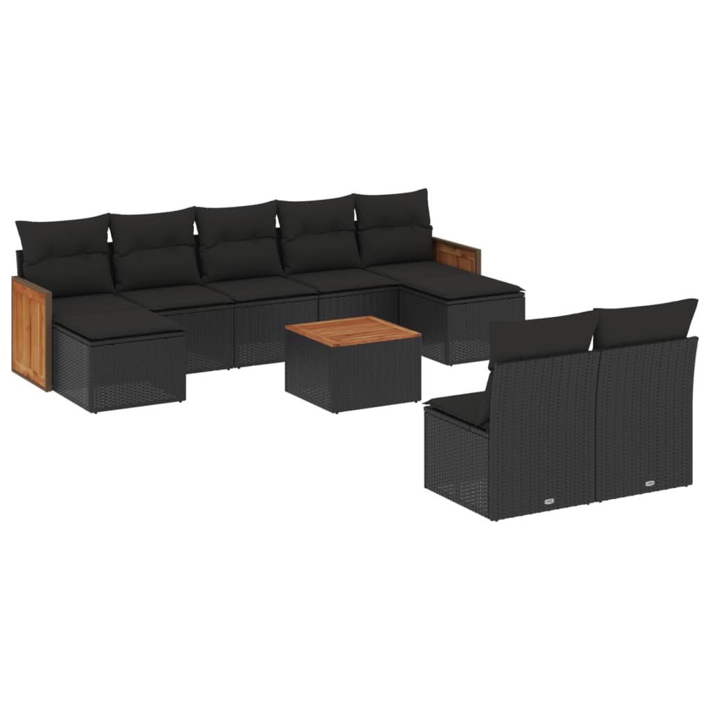 10-tlg. Garten-Sofagarnitur mit Kissen Schwarz Poly Rattan