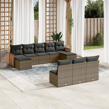 10-tlg. Garten-Sofagarnitur mit Kissen Grau Poly Rattan