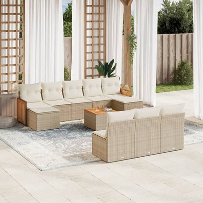 11-tlg. Garten-Sofagarnitur mit Kissen Beige Poly Rattan