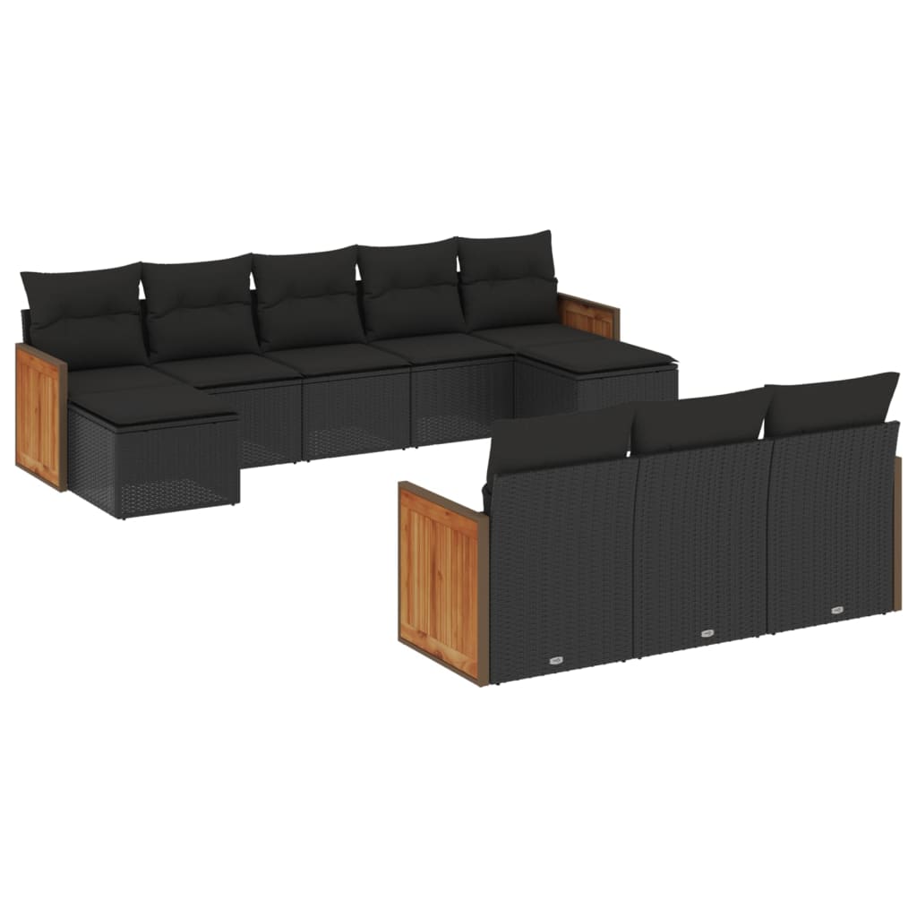 10-tlg. Garten-Sofagarnitur mit Kissen Schwarz Poly Rattan