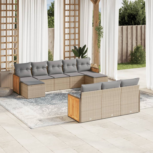 10-tlg. Garten-Sofagarnitur mit Kissen Beige Poly Rattan