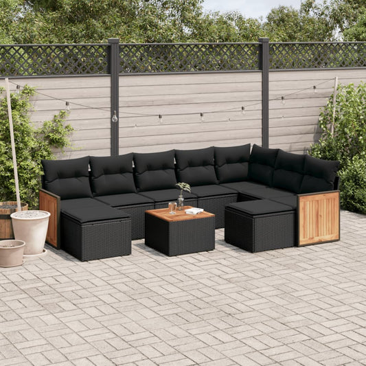 10-tlg. Garten-Sofagarnitur mit Kissen Schwarz Poly Rattan