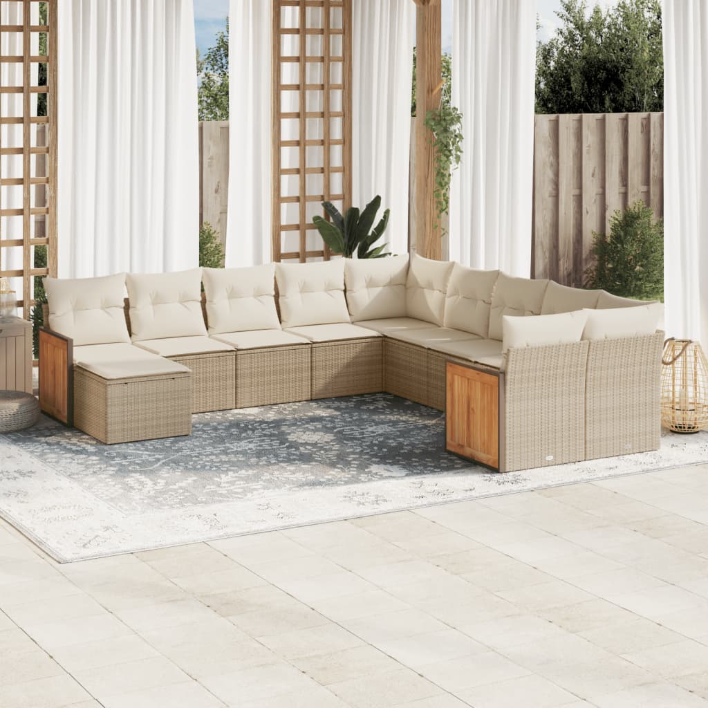 11-tlg. Garten-Sofagarnitur mit Kissen Beige Poly Rattan