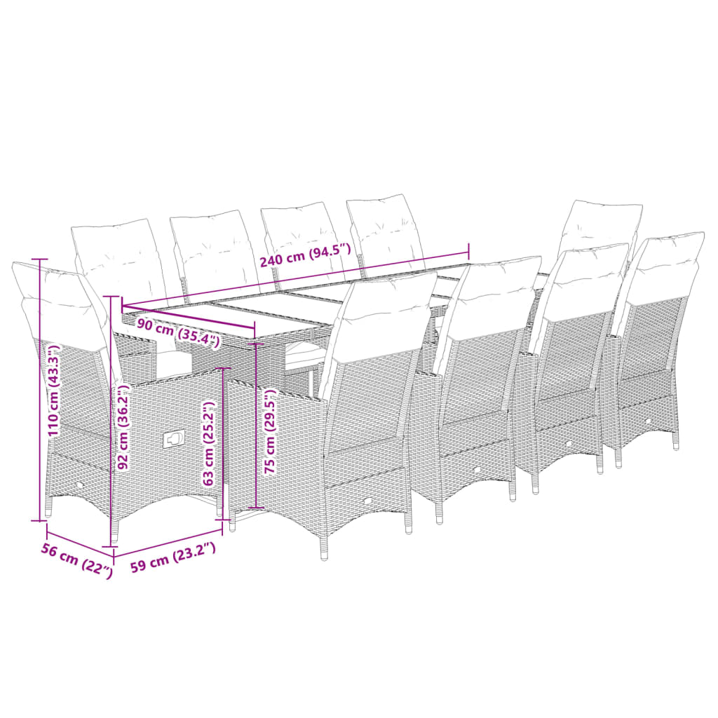 11-tlg. Garten-Bistro-Set mit Kissen Grau Poly Rattan